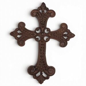Cast Iron Brown Rusted Metal Dot & Scroll Christian Cross Rustic Wall Art